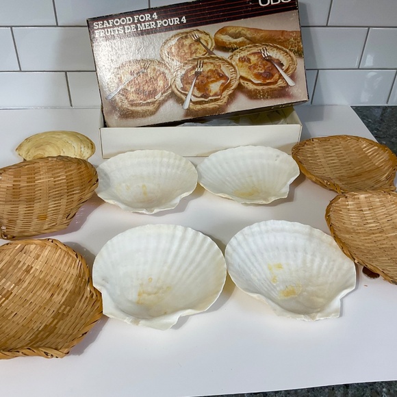 VTG Seafood for 4 shells scallop set rattan coasters forks for 4 - Picture 8 of 8